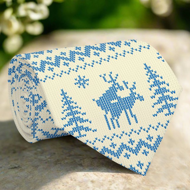 Gravata Árvore de Natal Renas Engraçadas Padrão Azul Neve (Criador carregado)