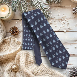 Gravata Árvores de Natal e Flocos de Neve Padrão Azul ID86