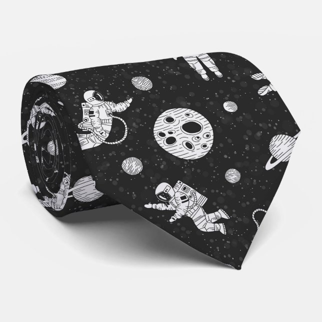 Gravata Astronautas no espaço sideral preto e branco (Rolled)