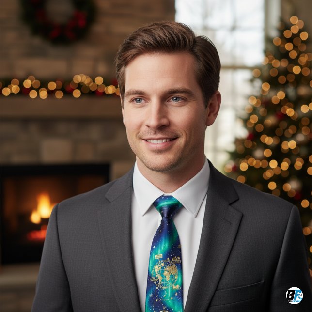 Gravata Aurora Borealis Christmas Map, Gold North Pole  (Christmas Neck Tie)