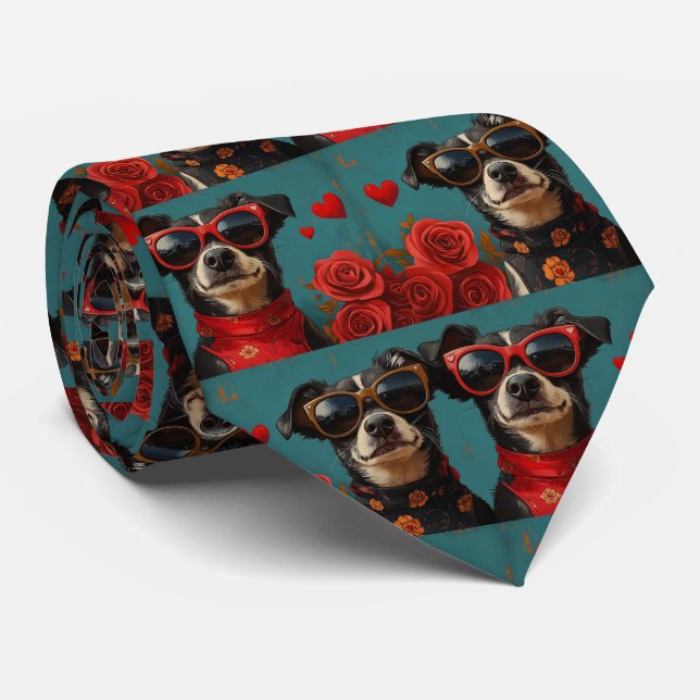 Gravata Australian Kelpie Com Rosas Do Coração Dia Dos Nam (Rolled)