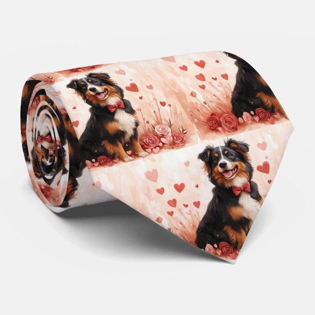Gravata Australian Shepherd com Rosas - Dia dos Namorados  (Rolled)