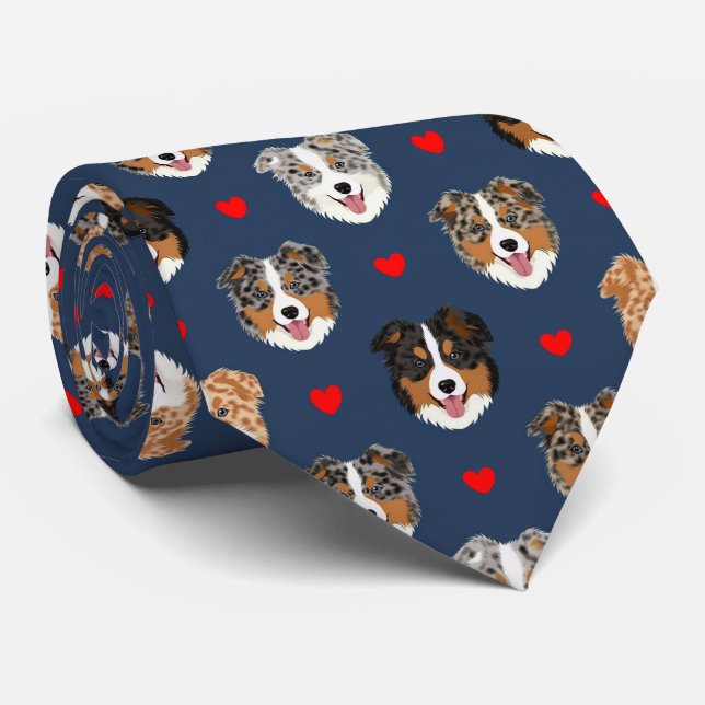 Gravata Australian Shepherd Valentine Hearts Pattern Dog (Rolled)