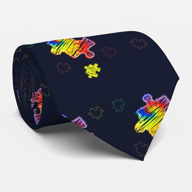 Gravata Autismo Sensibilização Quebra-cabeça Amarelos Roxo (Rolled)