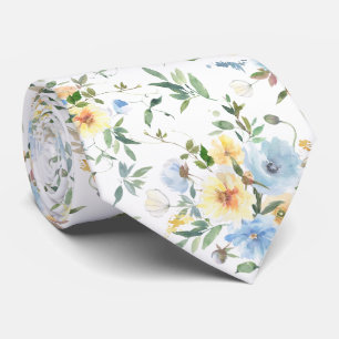 Gravata Azul Amarela Floral Aquarela