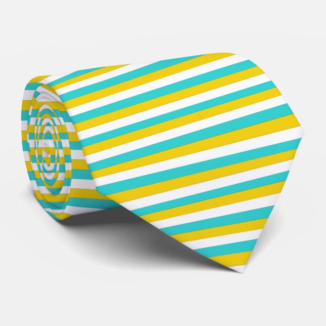 Gravata Azul Aqua, Amarelo e Branco Torres (Rolled)
