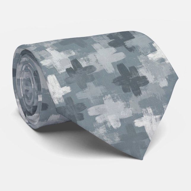 Gravata Azul Ardósia Falso Seda | Estilo de Designer Abstr (Rolled)