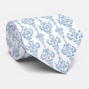 Gravata azul branca com padrão floral