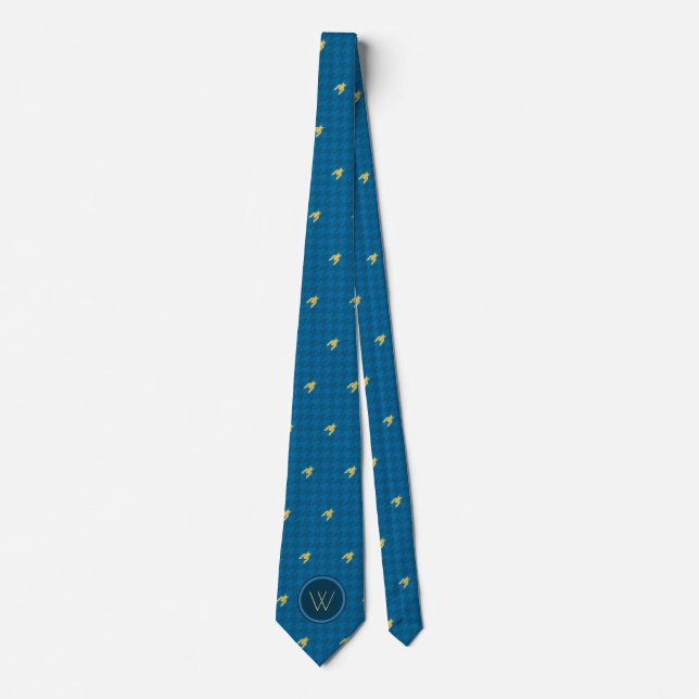 Gravata Azul com Dourado sotaque do pescoço de Houndstooth (Frente)