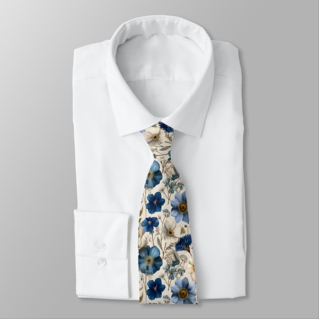 Gravata Azul de Primavera e Flores Florais Creme  (Amarrado)