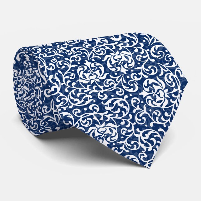 Gravata Azul e Branco William Morris Style Tudor Floral (Rolled)