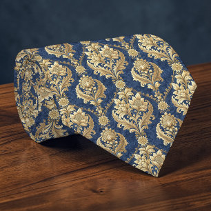 Gravata Azul e Dourada em Damasco Personalizada