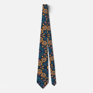 Gravata Azul e Dourado Floral