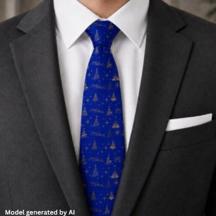 Gravata Azul Elegante Com Doodles de Árvore de Natal Doura