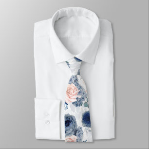 Gravata Azul Empoeirado e Floral Elegante Botânico Rosa De