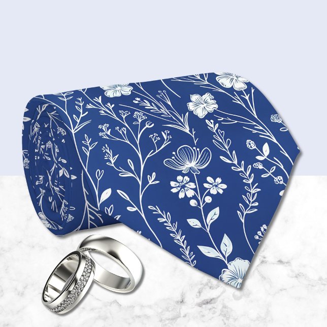 Gravata Azul Escuro e Branco Chinoiserie Floral  (Criador carregado)