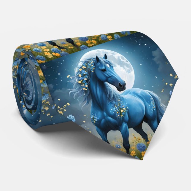 Gravata Azul Fantasia Flores de Lua de Cavalo Mágico, (Rolled)