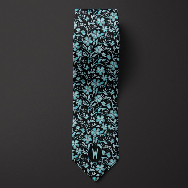 Gravata Azul Floral em Preto (Criador carregado)