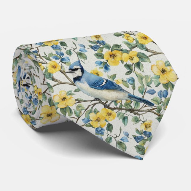 Gravata Azul Gaio Em Flores Amarelas (Rolled)