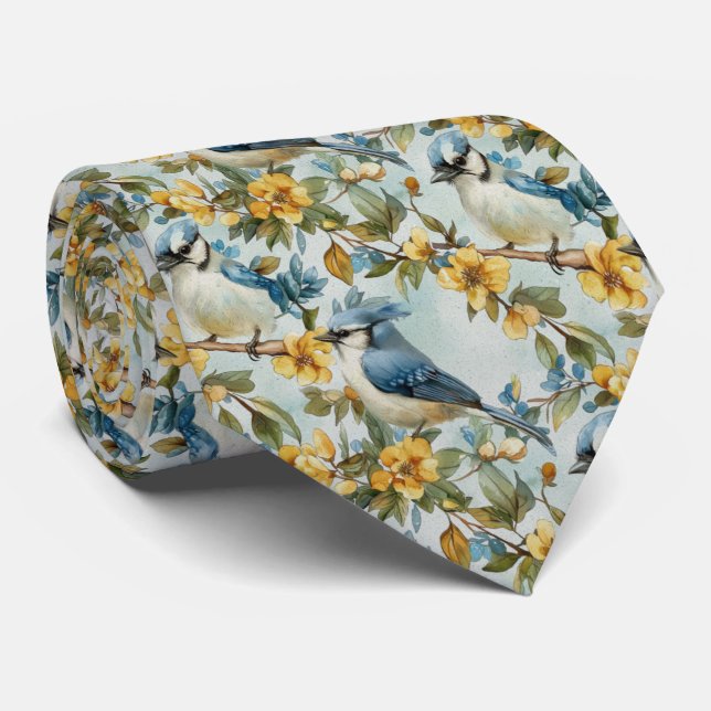 Gravata Azul Gaio Em Flores Amarelas (Rolled)