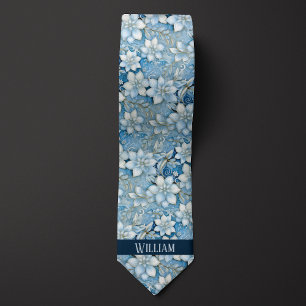 Gravata Azul gelo, Branco e Floral Dourado