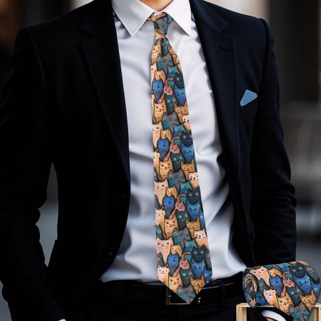 Gravata Azul Laranja de Gatos Perfeitos e Divertid (Playful Purr-fect Cats Tie - Blue, Orange Neck Tie)