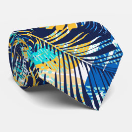 Gravata Azul Marinho Aqua Amarelo Branco Plantas Tropicais