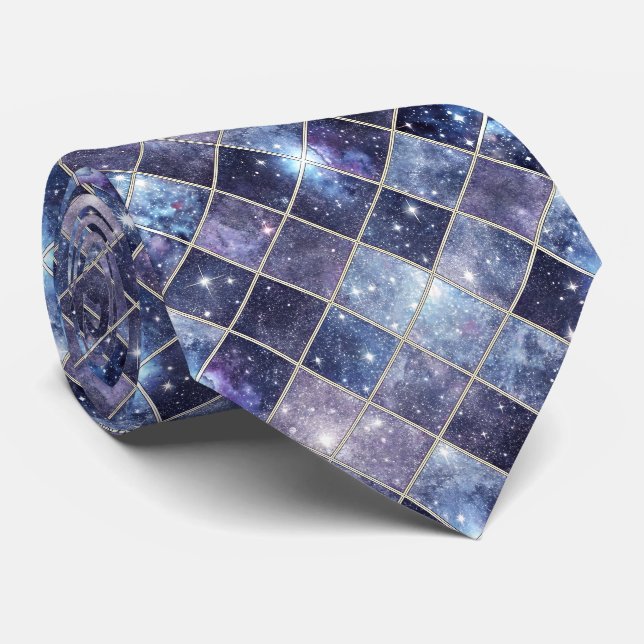 Gravata Azul Marinho Celestial Diamante Treliça Estrela (Rolled)