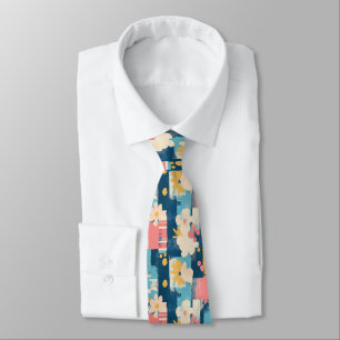 Gravata Azul Marinho Coral Turquesa Bloco Floral Cor