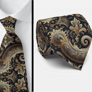 Gravata azul marinho e dourada com paisley em jacq
