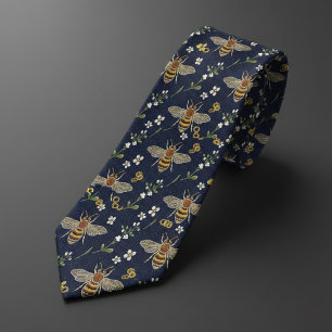 Gravata Azul Marinho & Mel dourado Floral Abelha