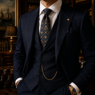 Gravata Azul Marinho Real e Coroa de Luxo Regalia Dourada
