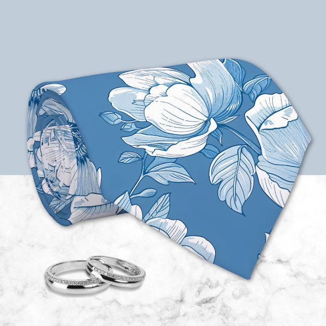 Gravata Azul Médio e Branco Chinoiserie Floral  (Criador carregado)