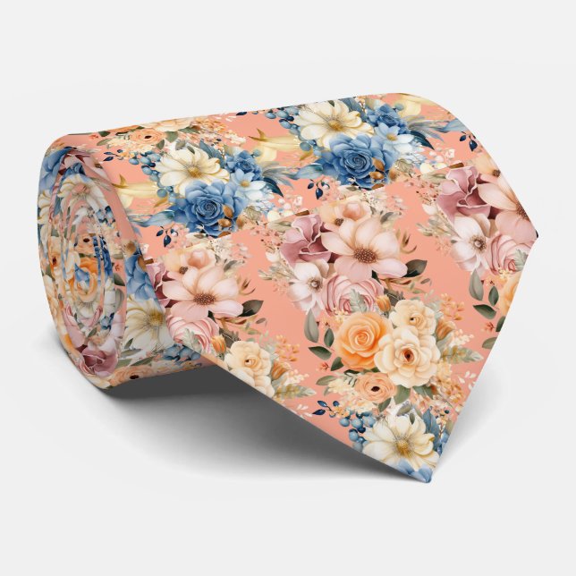 Gravata Azul Naval Empoeirado e Flores Rosa Coral Floral (Rolled)