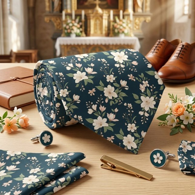 Gravata Azul Naval Floral Flor de Branco (Criador carregado)