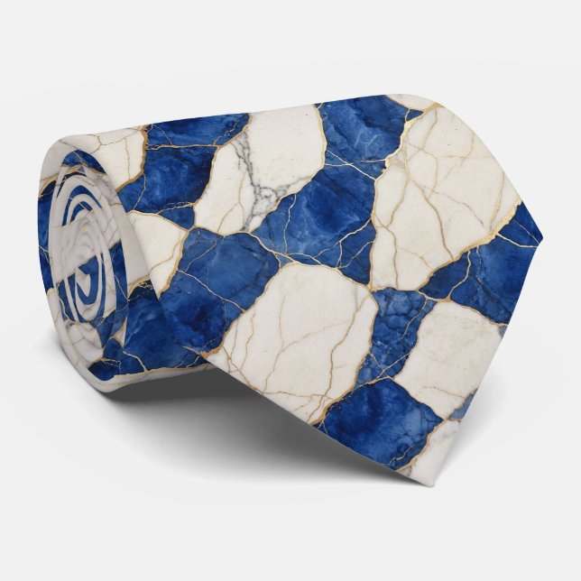 Gravata Azul Profissional, Branco e Mármore Dourado (Rolled)