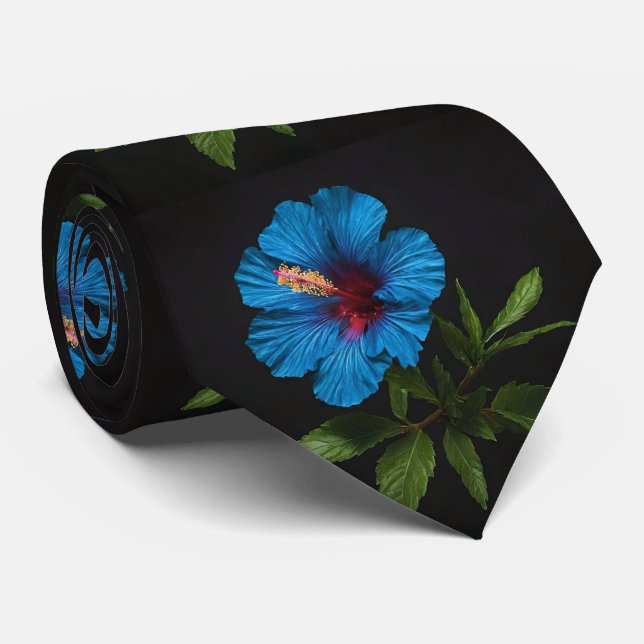 Gravata "Azul Radiante: Flor Hibiscus A Preto (Rolled)