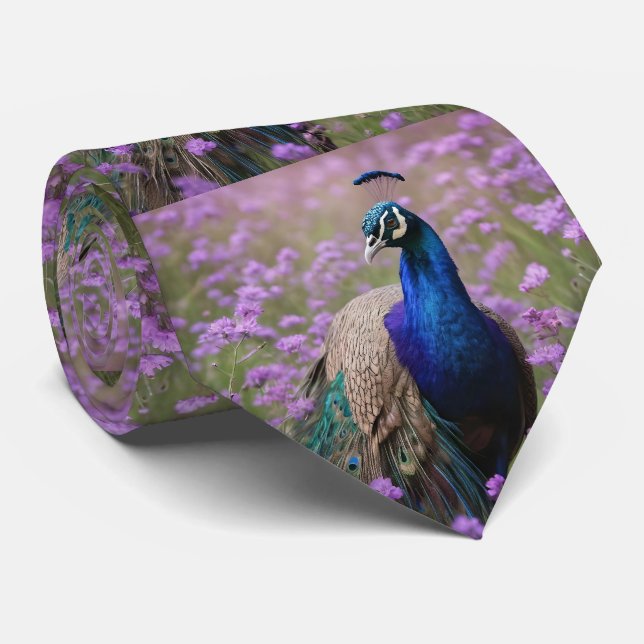 Gravata Azul Real: Pavão Azul Em Campo De Lavanda, (Rolled)