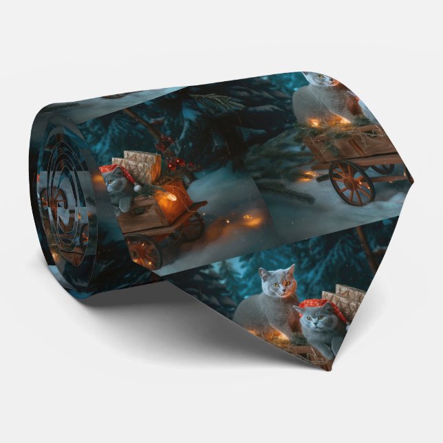 Gravata Azul Russo Gato Snowy Sleigh Decência de Natal (Rolled)