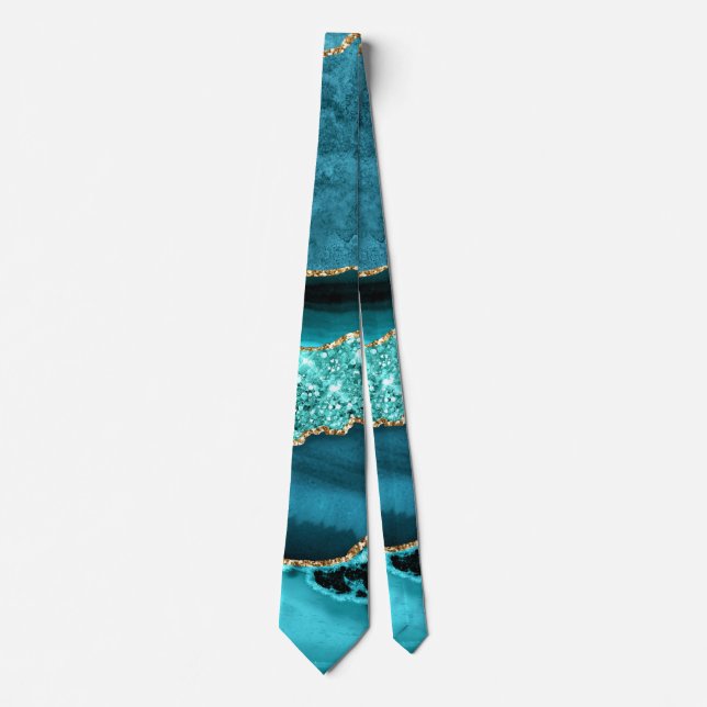 Gravata Azul Teal Dourado Marble Aqua Turquoise Tie (Frente)