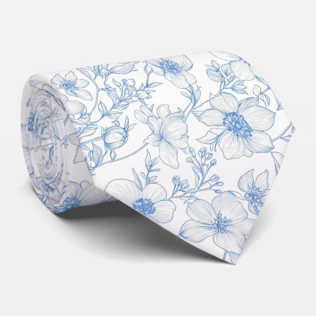gravata azul toile de jouy flores (Rolled)