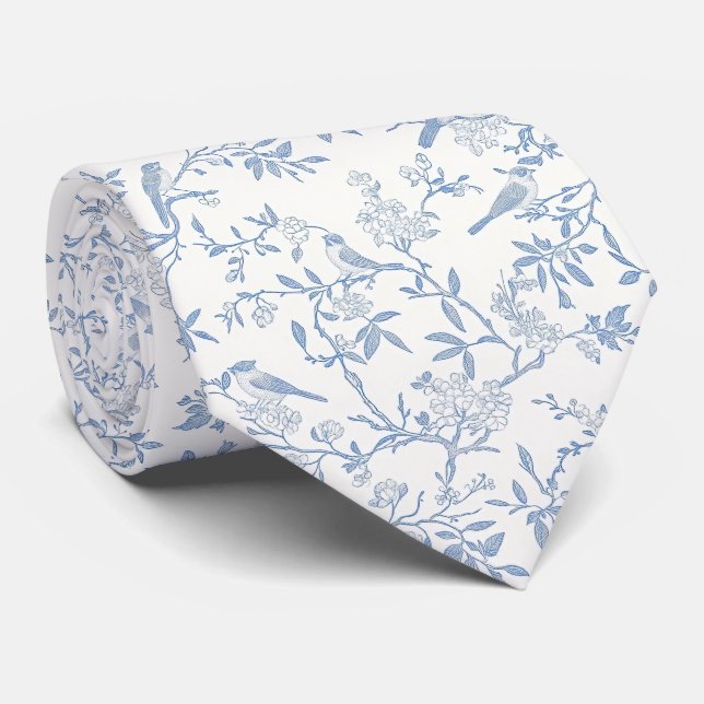 gravata azul toile de jouy pássaros (Rolled)