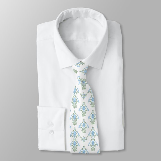 Gravata azul verde padrão branco (Amarrado)
