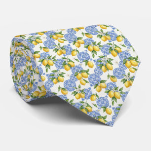 Gravata Azulejo Branco Azul Limões Casamento Mediterrâneo 