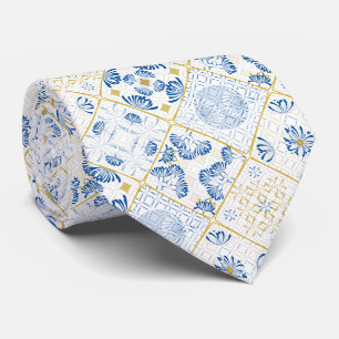 Gravata Azulejo Geométrico Azul Branco Dourado Chinoiserie