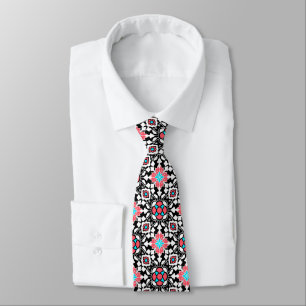 Gravata Azulejo marroquino floral, preto, branco e rosa do