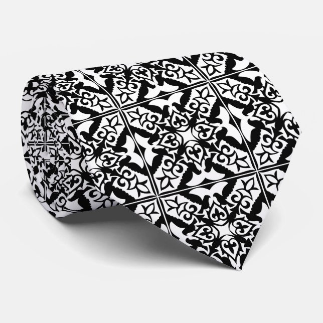 Gravata Azulejo marroquino - preto com fundo branco (Rolled)
