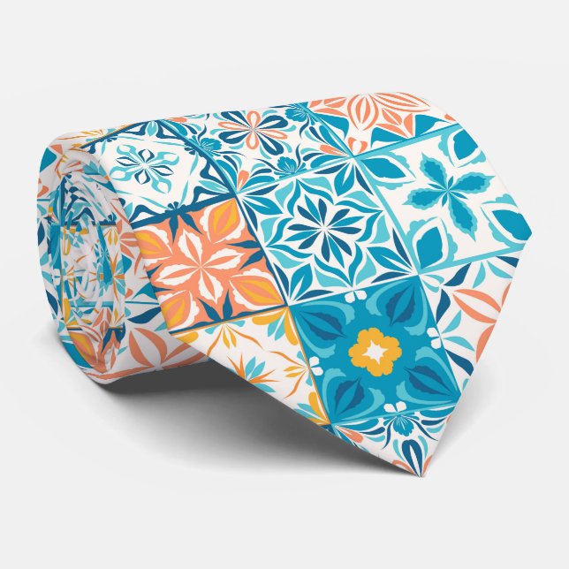 Gravata azulejos ornamentados em azul e laranja (Rolled)