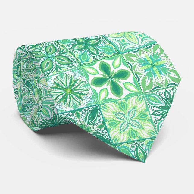 Gravata azulejos ornamentados em verde e branco (Rolled)