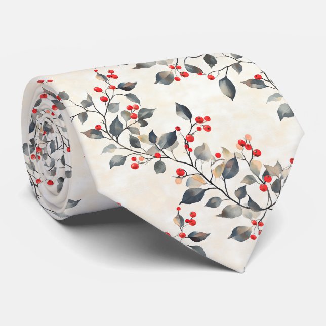 Gravata Bagas Vermelhas de Natal Ramos Verdes (Rolled)